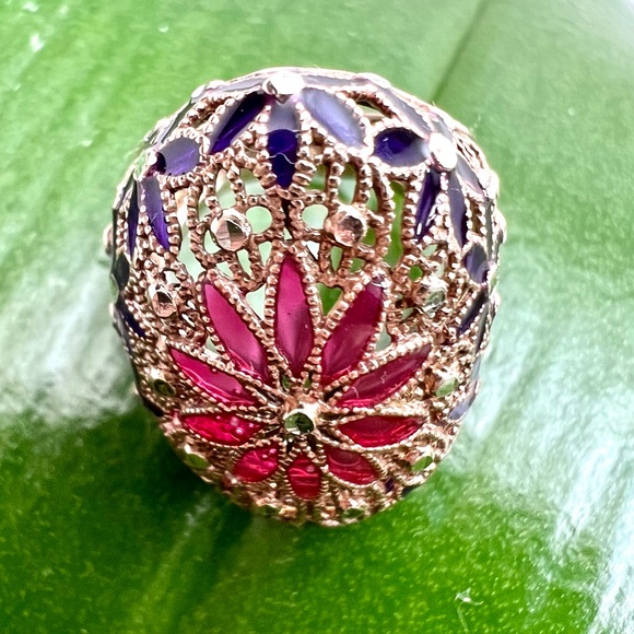 NWT 925 ST SILVER & ENAMEL PERFORATED FILIGREE FLOWERS RING - Picture 7 of 13